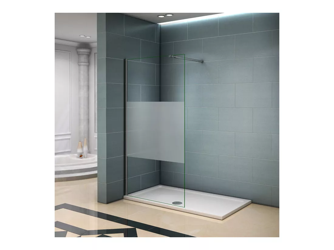 Paroi de douche à l'italienne 120x200cm avec barre de fixation 73-120cm en carré, en 8mm verre bande centrale dépolie