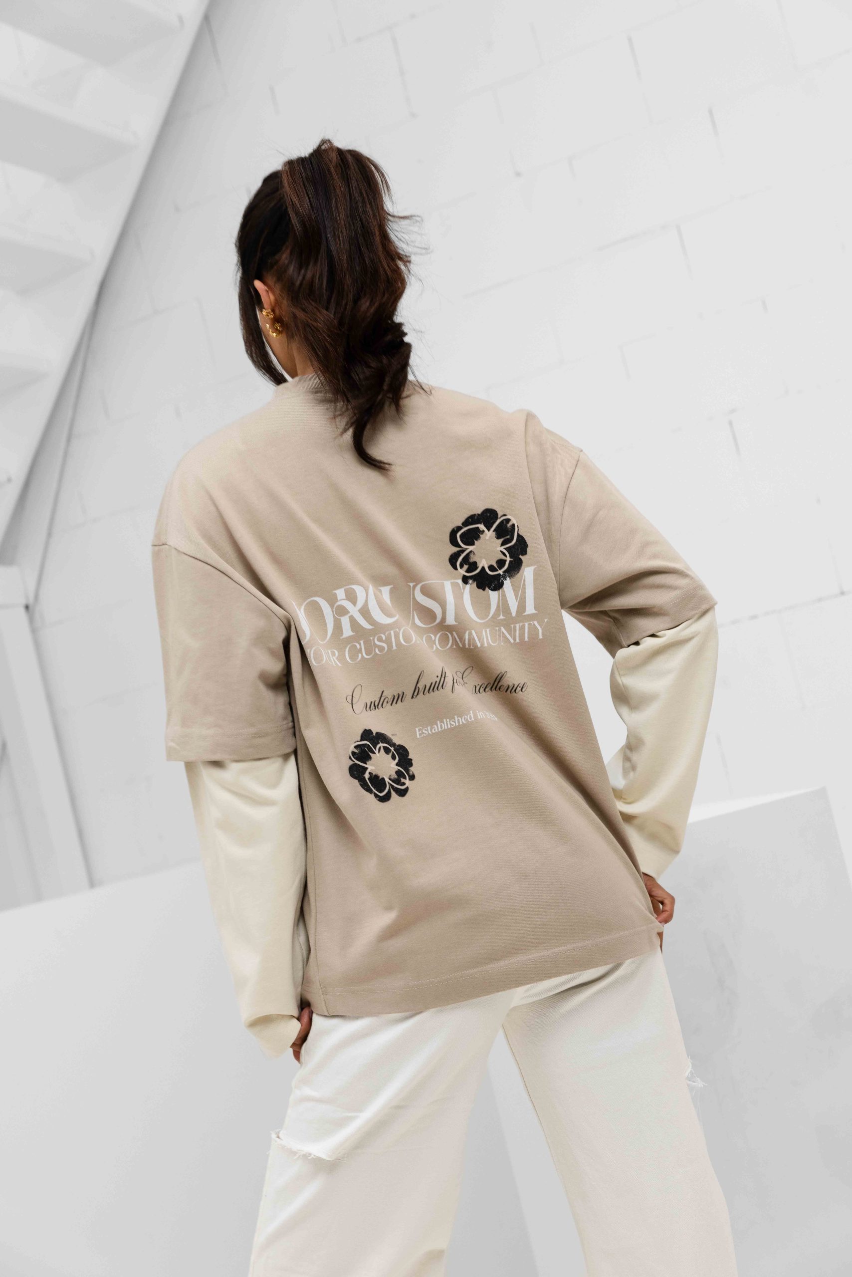 Jorcustom Flowers Double Layered Longsleeve T-Shirt Dames Taupe/Beige