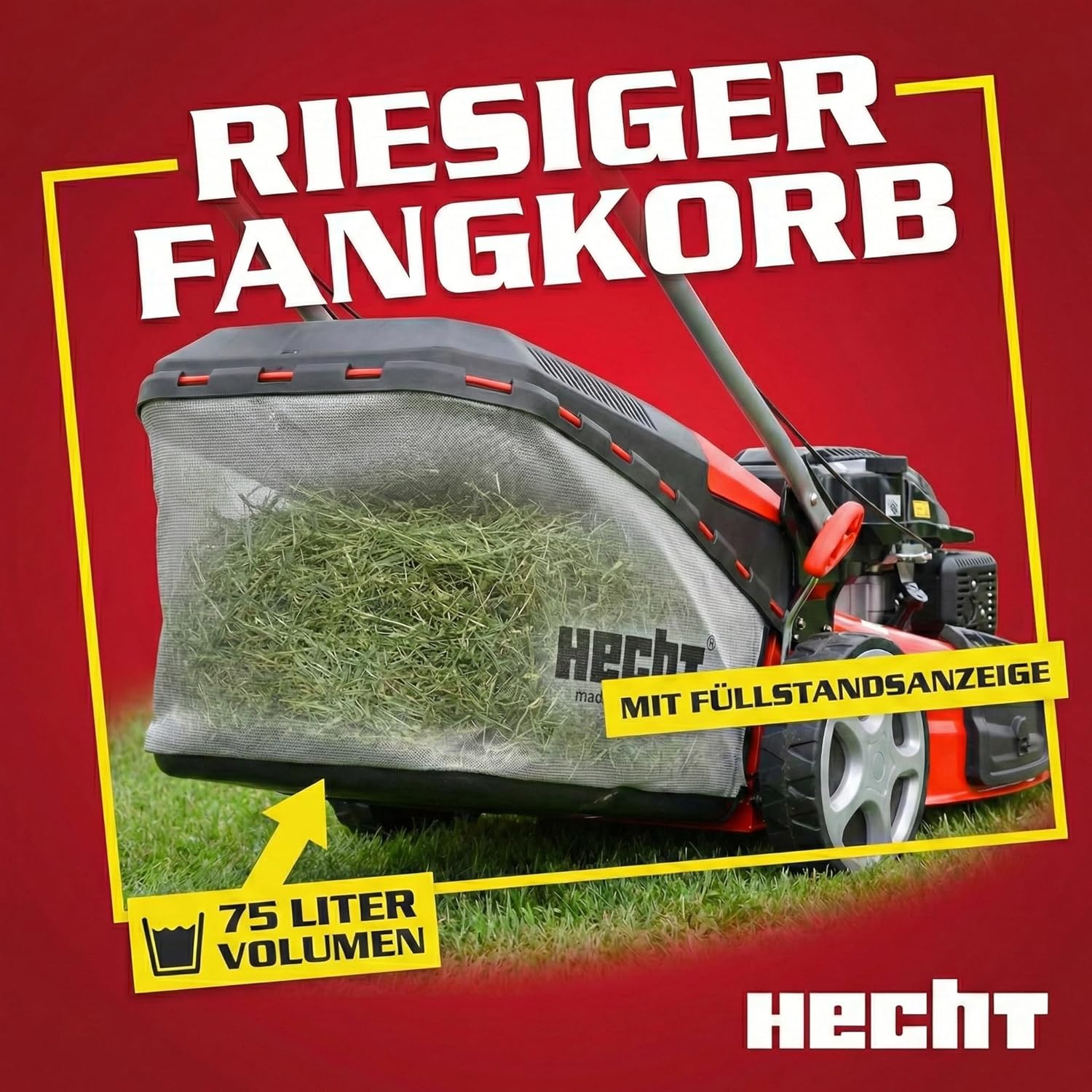 HECHT 5-IN-1 Benzin Rasenmäher – leistungsstarker 4 Takt Eco Motor 4,4 kW (6,0 PS) – Seilzug Starter – mit 53 cm Schnittbreite – 75 l Fangkorb – Radantrieb – patentierte Räder – EasyClean – Mulchmäher