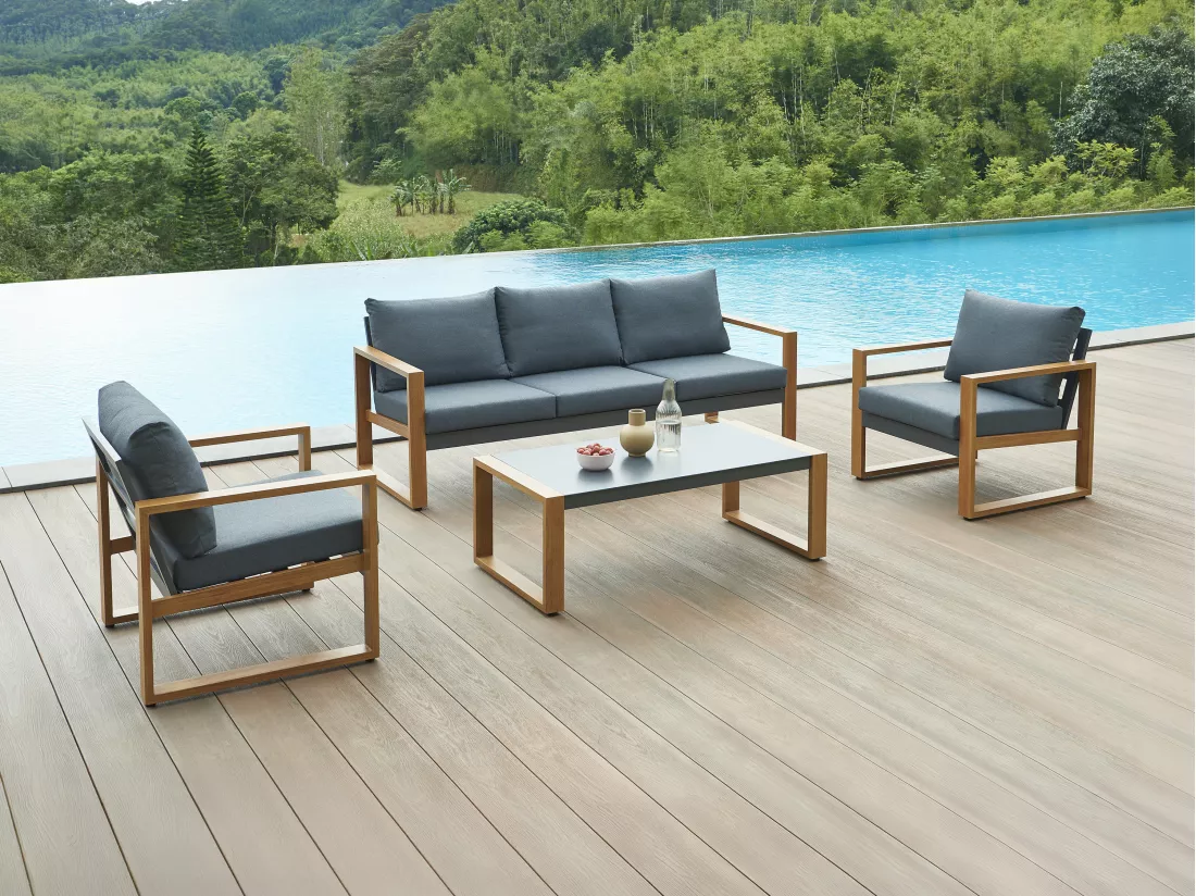 Salon de jardin en aluminium : un canapé 3 places, 2 fauteuils et une table basse - Naturel coussins noirs - JALLY de MYLIA