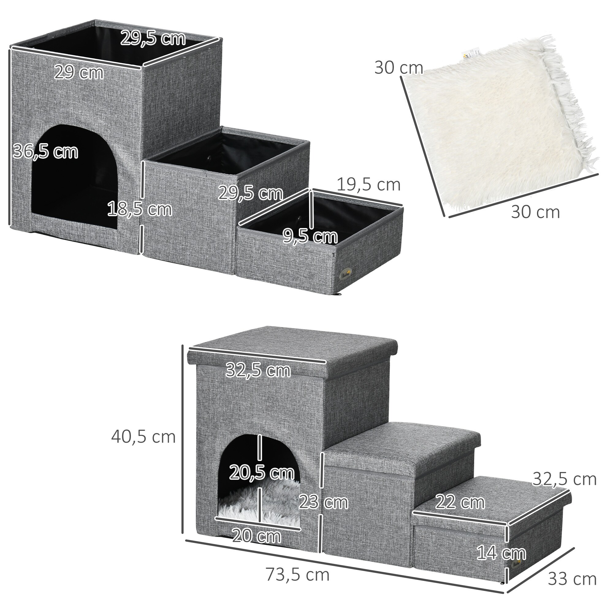 PawHut Hundetreppe mit einem Plüschkissen grau 73,5L x 33B x 40,5H cm