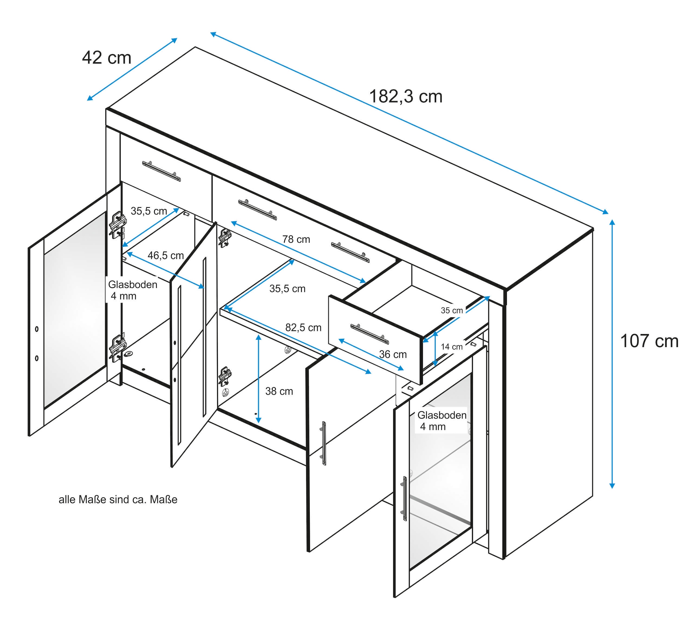 VOGL Möbelfabrik Highboard »Toronto« opt. Glastüren, teilmassiv, Rahmenoptik, Made in Germany