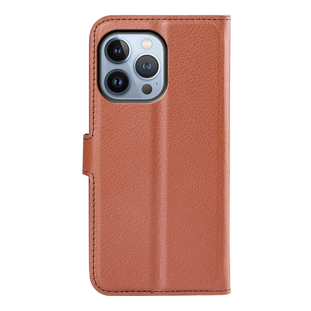 iPhone 14 Pro Leder Tasche Flip Cover Litchi Look - Braun
