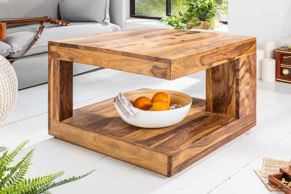 Design Couchtisch GIANT 60cm braun Sheesham Massivholz stone finish mit Ablage