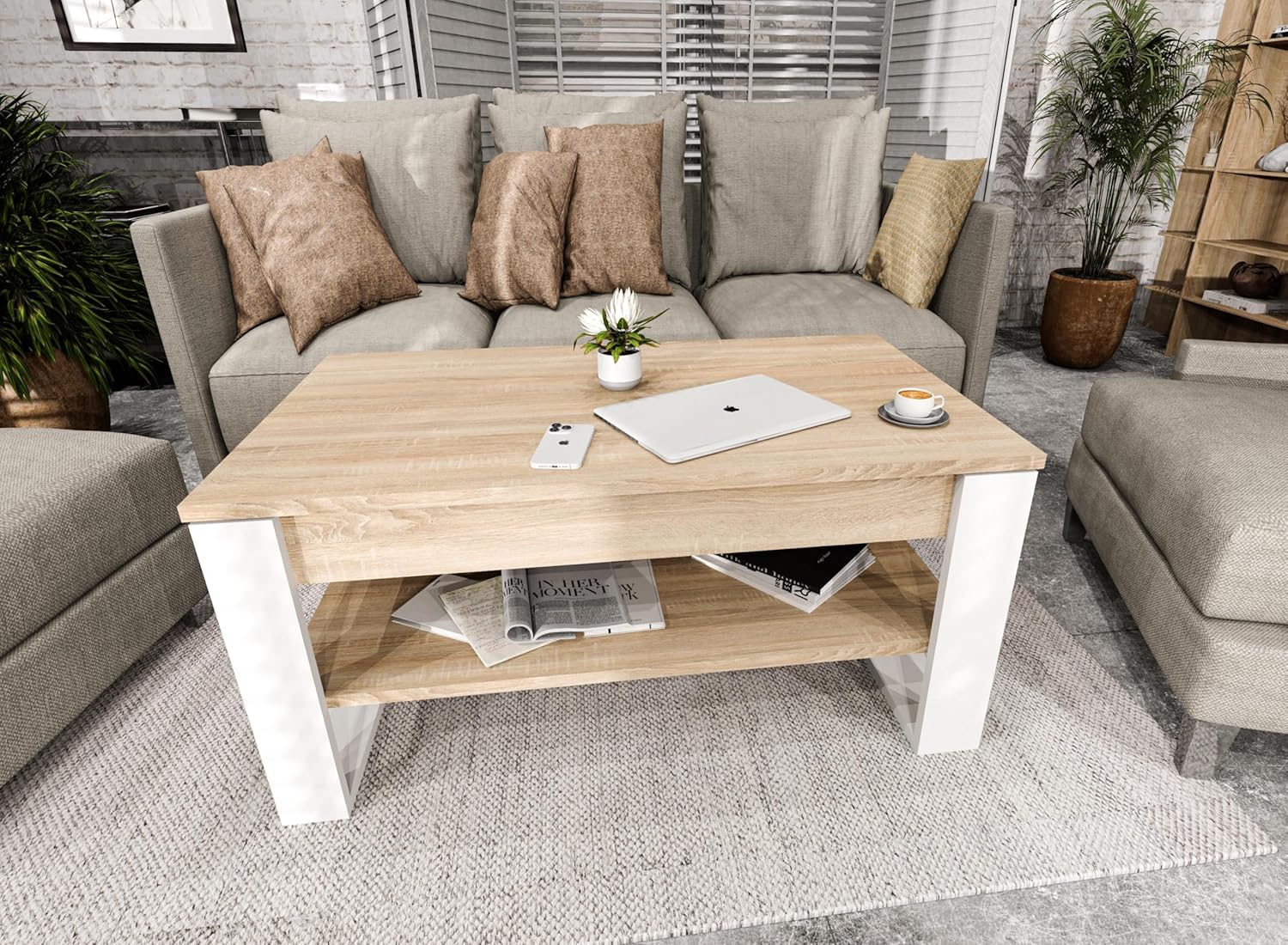 Couchtisch mit anhebbarer Platte | Höhenverstellbarer Wohnzimmertisch mit Stauraum | Sofatisch Eiche Sonoma Weiß modern mit Ablage & verstecktem Fach – Coffee Table für Wohnzimmer & Büro