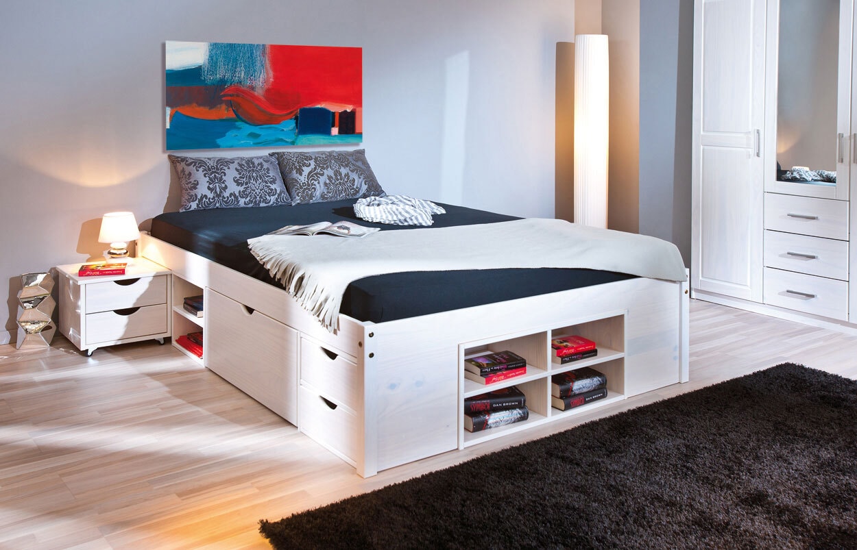 Stauraum-/Funktionsbett Lauro 140 x 190 cm Kiefer massiv weiß lackiert