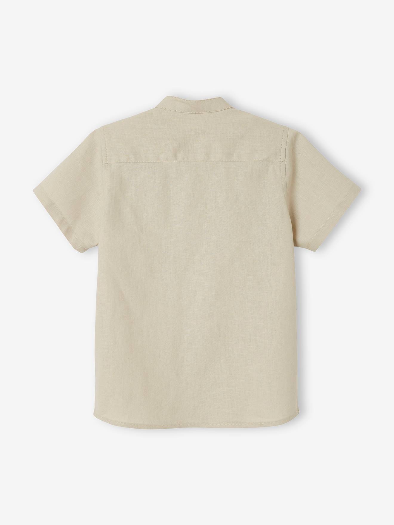 Camisa lisa branca de algodão/linho com gola mandarim e mangas curtas para meninos