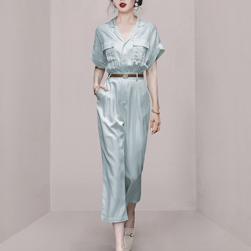 palajana - Elleboogmouw reverskraag effen halve knoop cropped losse jumpsuit