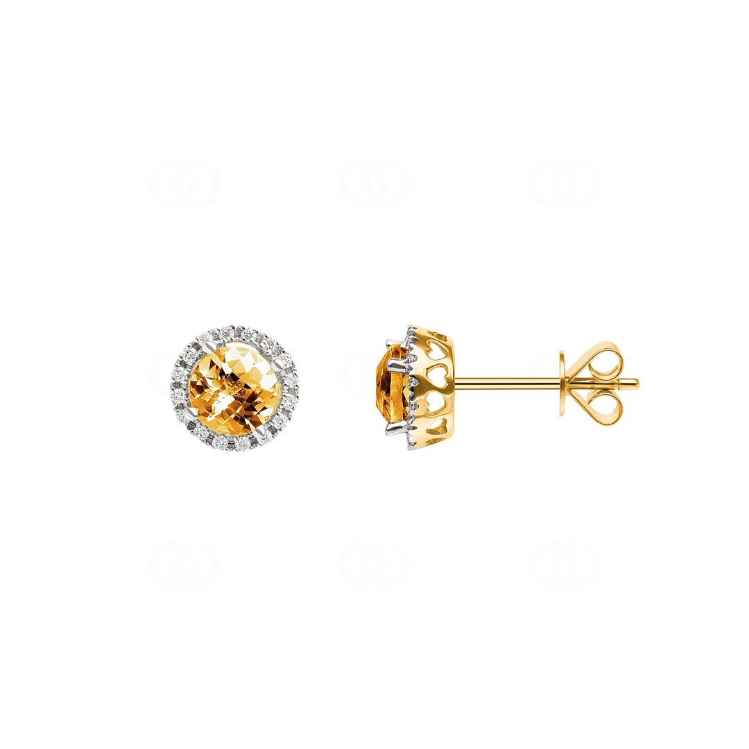 Ohrstecker 750/18 K Gelbgold mit Citrin rund und Diamanten 0.09 ct H/si