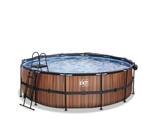 EXIT WoodPool ronde opzetzwembadset Ø 450x122 cm inclusief zandfiltersysteem, afdekking & ladder, houtlook
