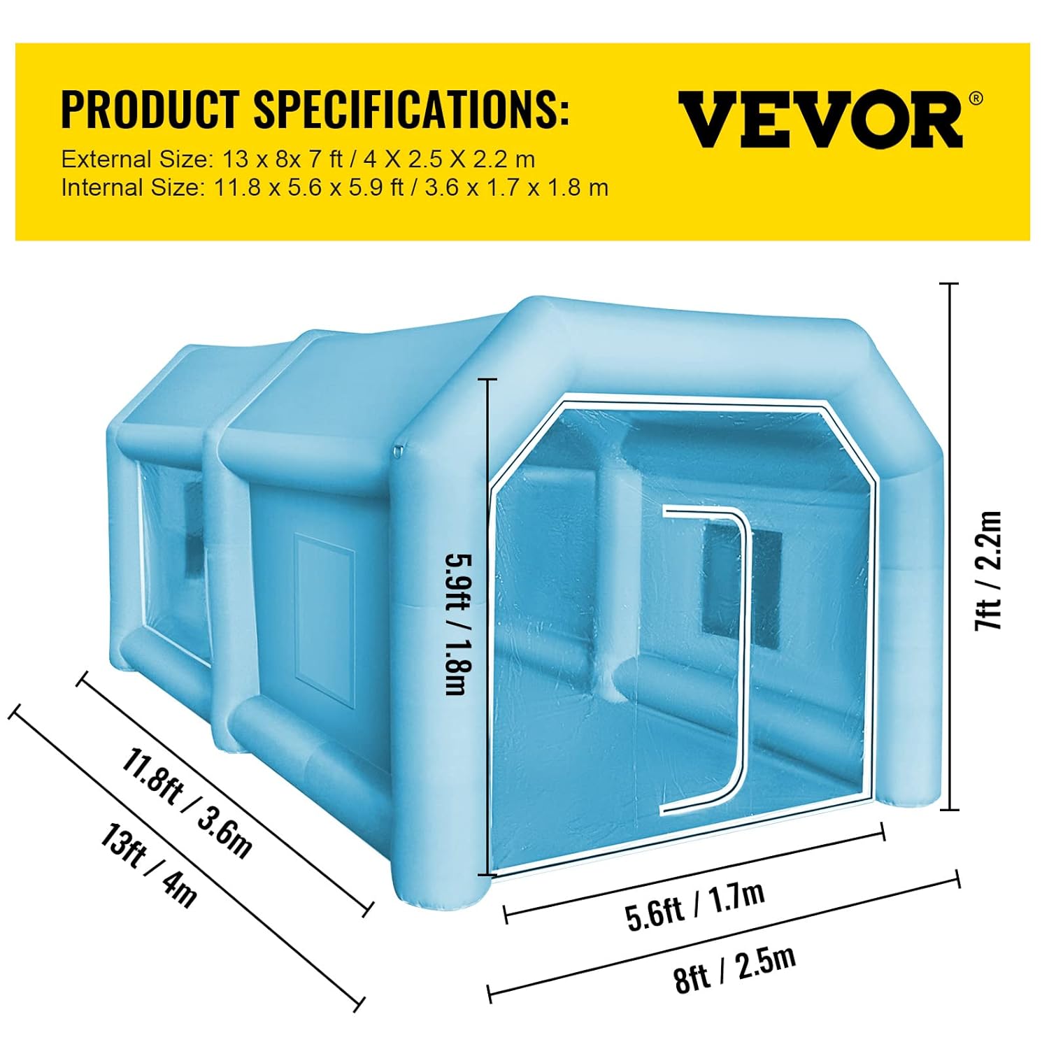 VEVOR Aufblasbares Spritzkabinenzelt nach Maß, Aufblasbares Lackierkabinenzelt 750 W + 350 W Auto Lackierkabine Arbeitsplatz 210D Oxford-Gewebe mit 2 Gebläsen 4 x 2,5 x 2,2 m Blau Autoparkgarage