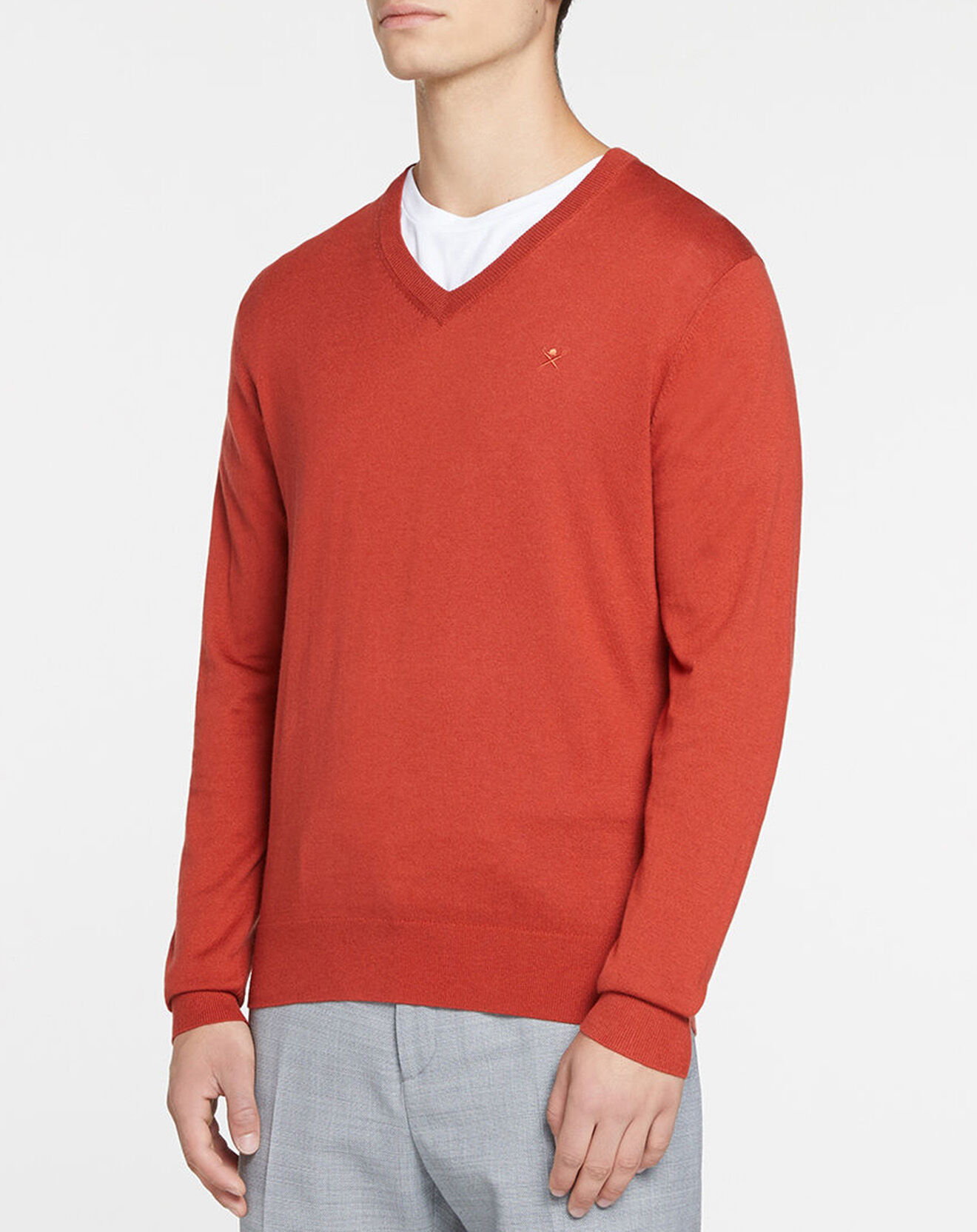Hackett London Pull en Laine mélangée col V coudières orange/rouge