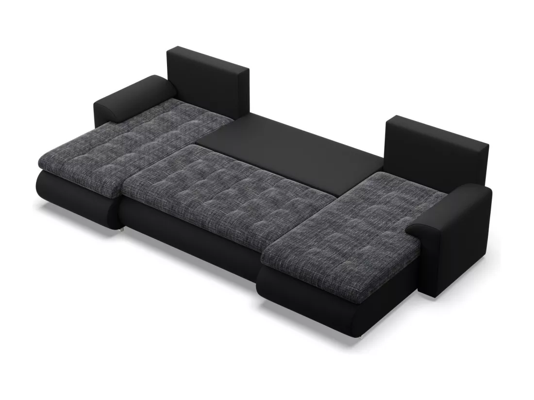 Canapé d'angle en U avec fonction sommeil, 2 méridiennes, Noir + Noir