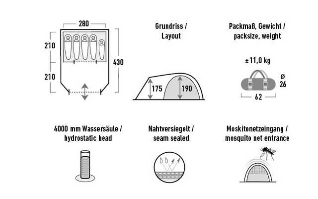 High Peak Santiago 5.0 Kuppelzelt mit Vorbau für 5 Personen 280 x 430 cm