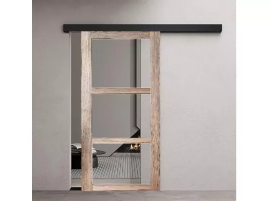 Porte Coulissante Bois Frake Vitrage Transparent H204 X L83 + Rail Bandeau Noir Et 2 Coquilles Gd Menuiseries