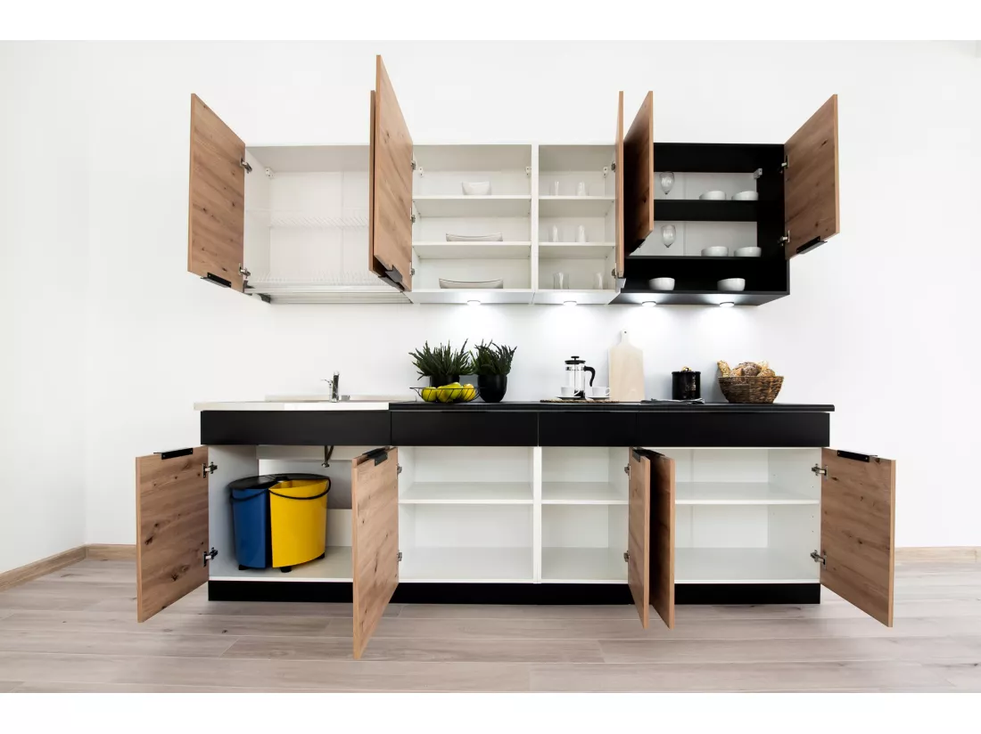 Cuisine complète Erika 7 éléments couleur chêne artisan/noire avec plan de travail inclus - Longueur 180/240 cm