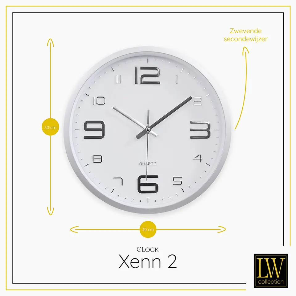 LW Collection Keukenklok Xenn2 zilver wit 30cm