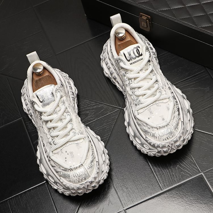 Mr Ozera - Platform Sequin Distressed Lace-Up Sneakers