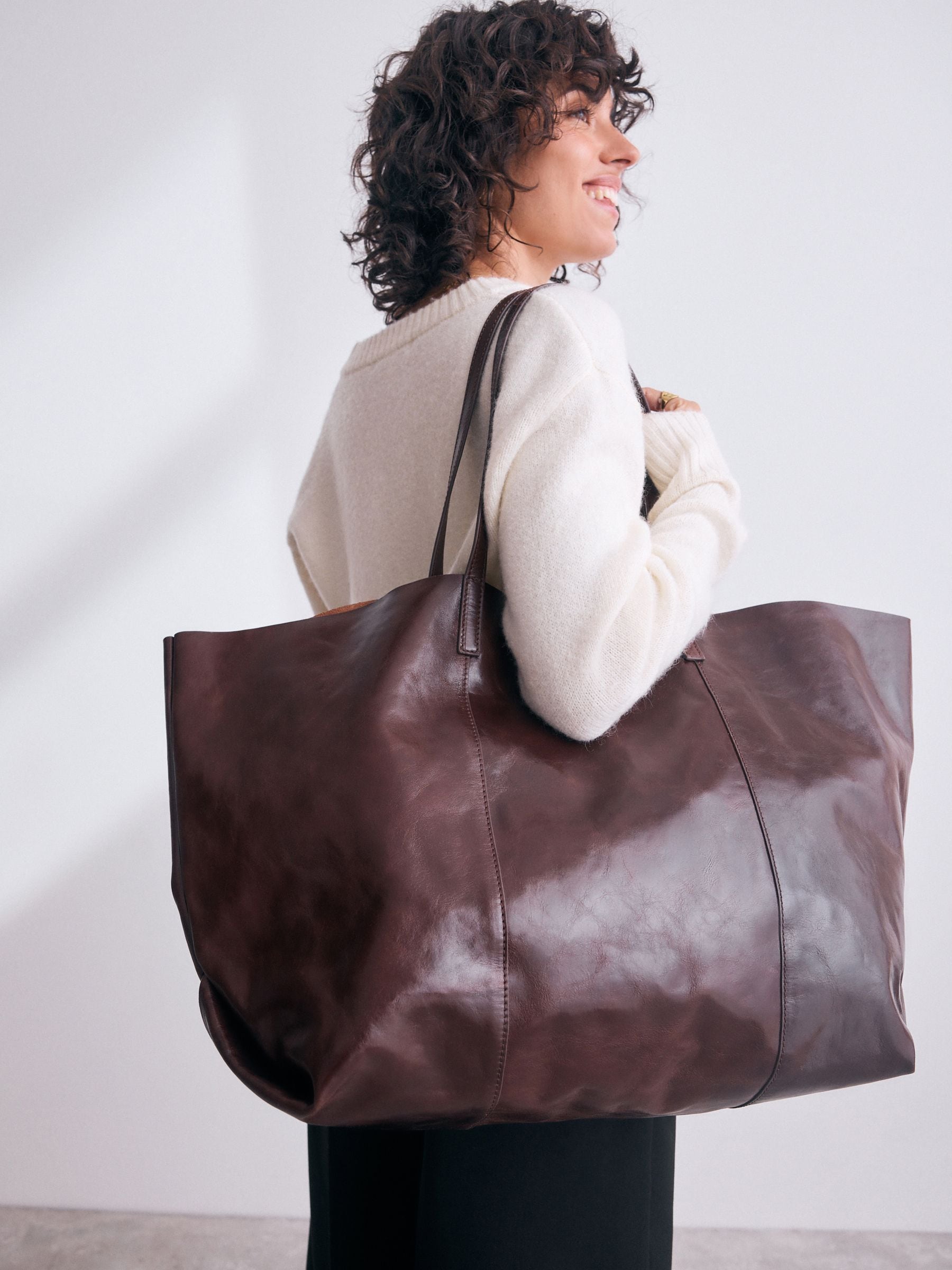 Chocoladebruin - N. Premium grote leren shopper