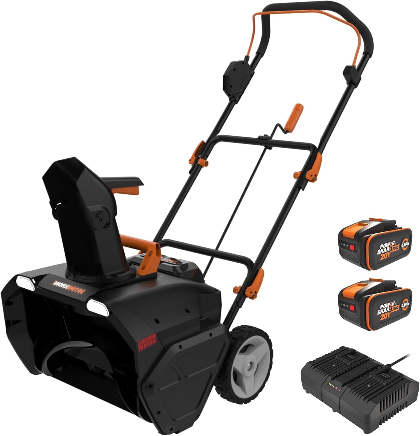 WORX WG471E Nitro Akku-Schneefräse 40V – Brushless Motor – 51cm Arbeitsbreite – bis zu 25cm Schneehöhe geeignet - 180° drehbare Auswurfkanal – 6m Wurfweite – LED-Licht – inkl. 2x4Ah Akkus & Ladegerät