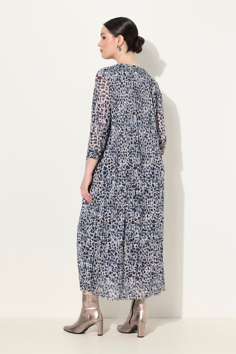 Mesh-Maxikleid, Leomuster, doppellagig, Rundhals, 3/4-Arm