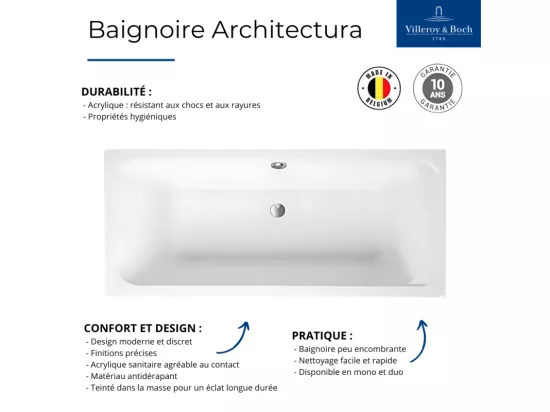 Baignoire droite 170 X 70 VILLEROY ET BOCH Architectura acrylique