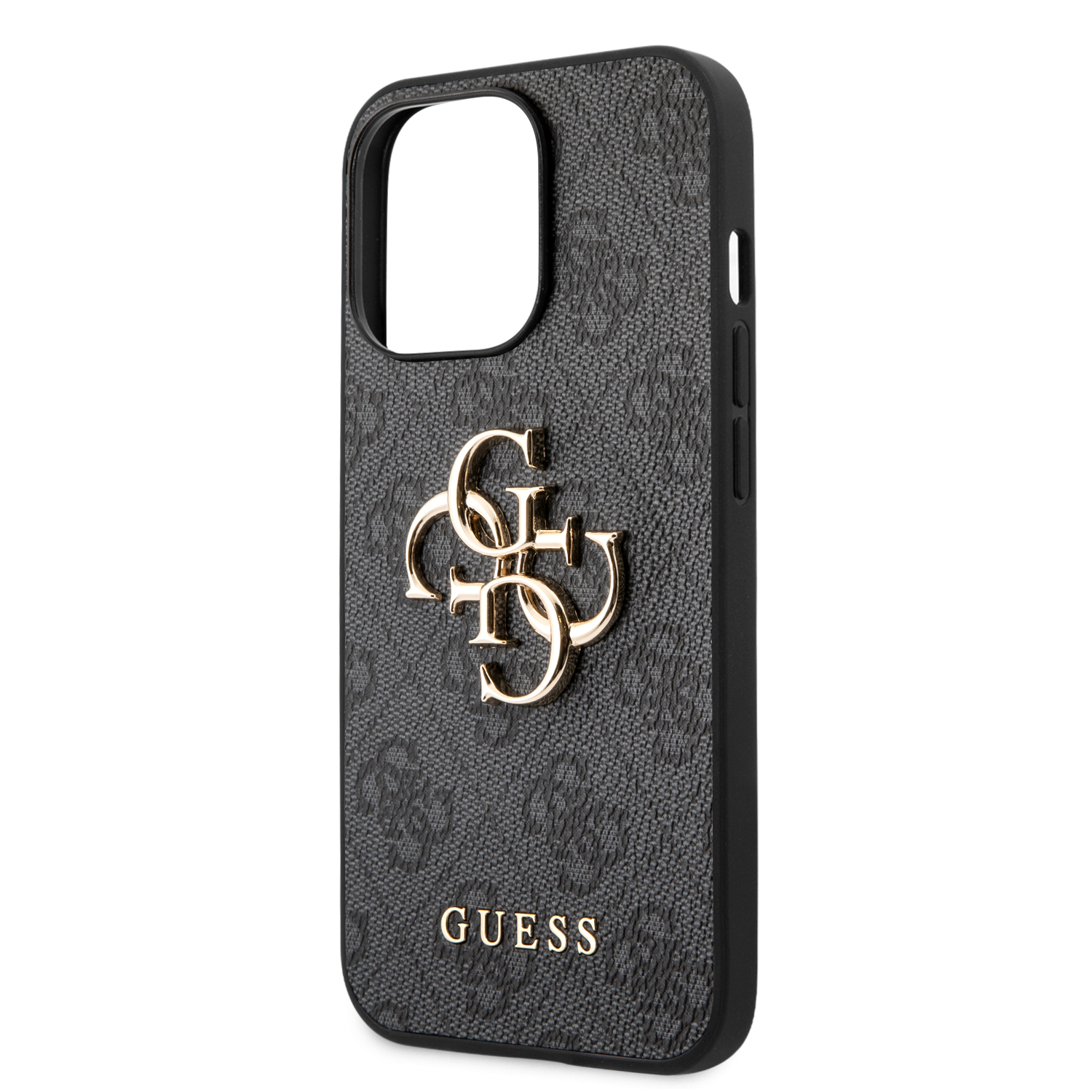 iPhone 13 Pro Leder Hardcase Hülle Metall Logo (GUHCP13L4GMGGR) - Grau / Gold
