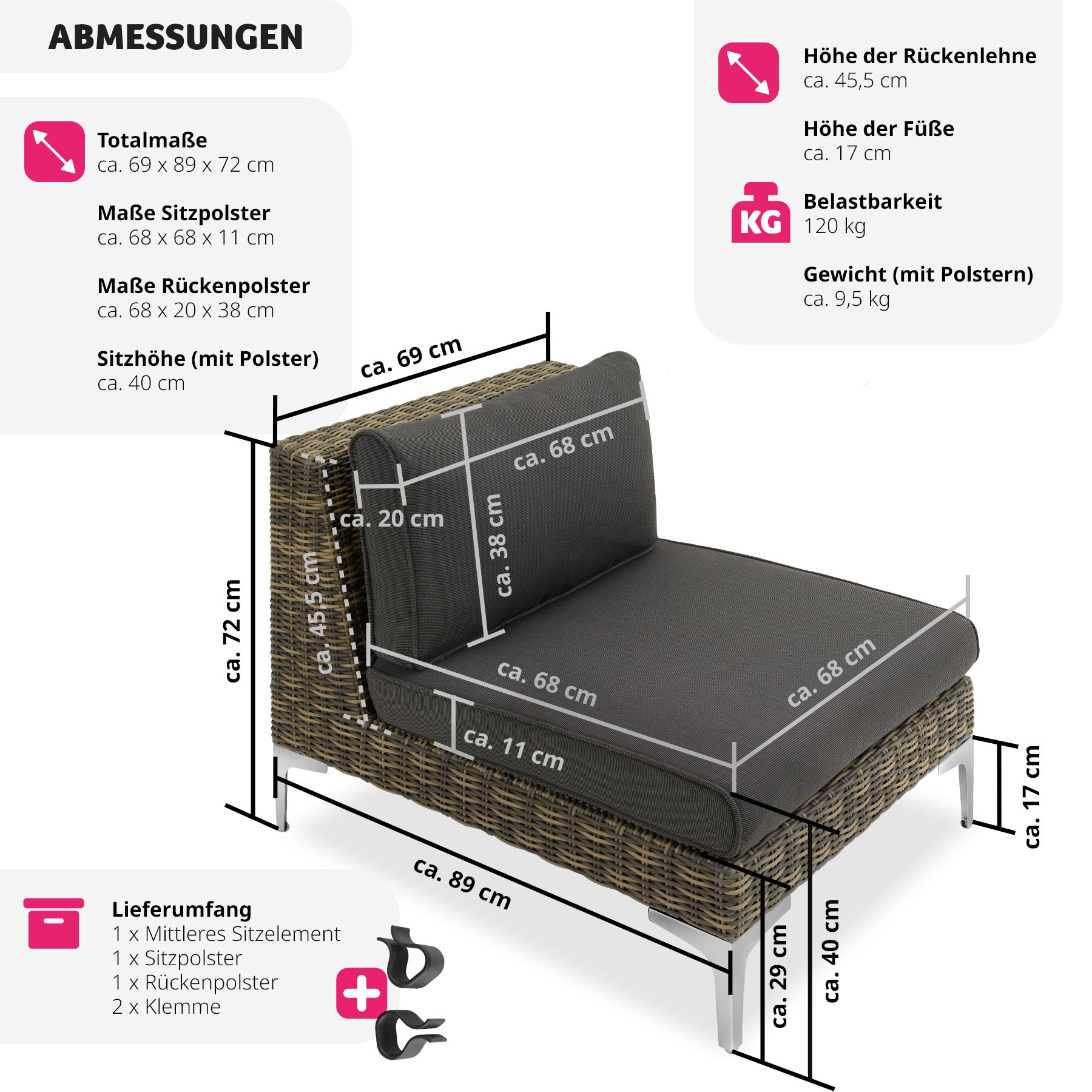 tectake® Modulares Rattanset, Mittelteil mit Aluminiumgestell, hochwertiges Geflecht, 69 x 89 x 72 cm