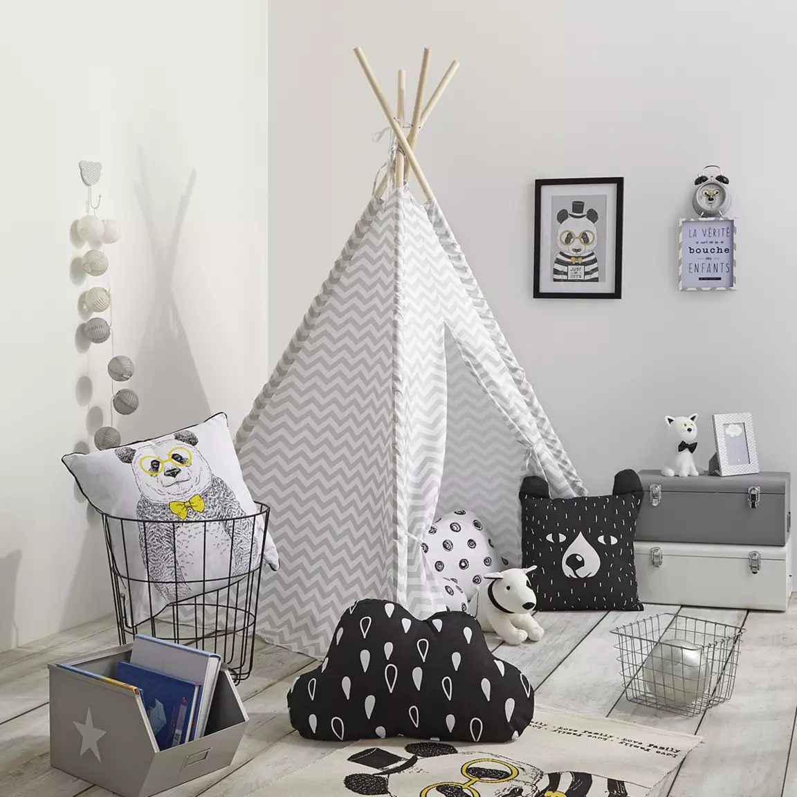 Tipi enfant bois et tissu (H160 cm) Twin Gris