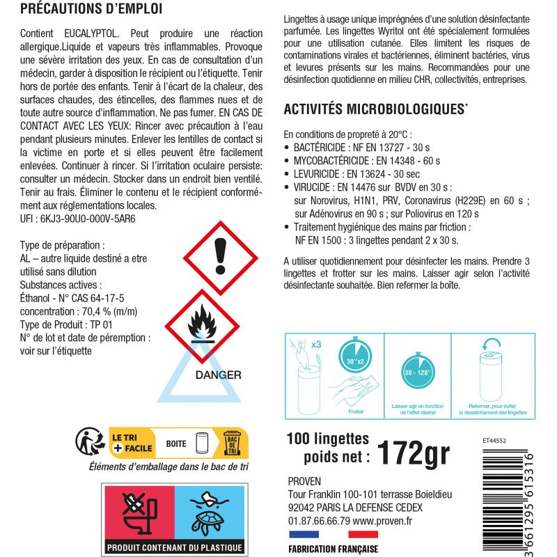 Lingettes nettoyantes désinfectantes mains Wyritol Professional Desinfection - Boîte de 100