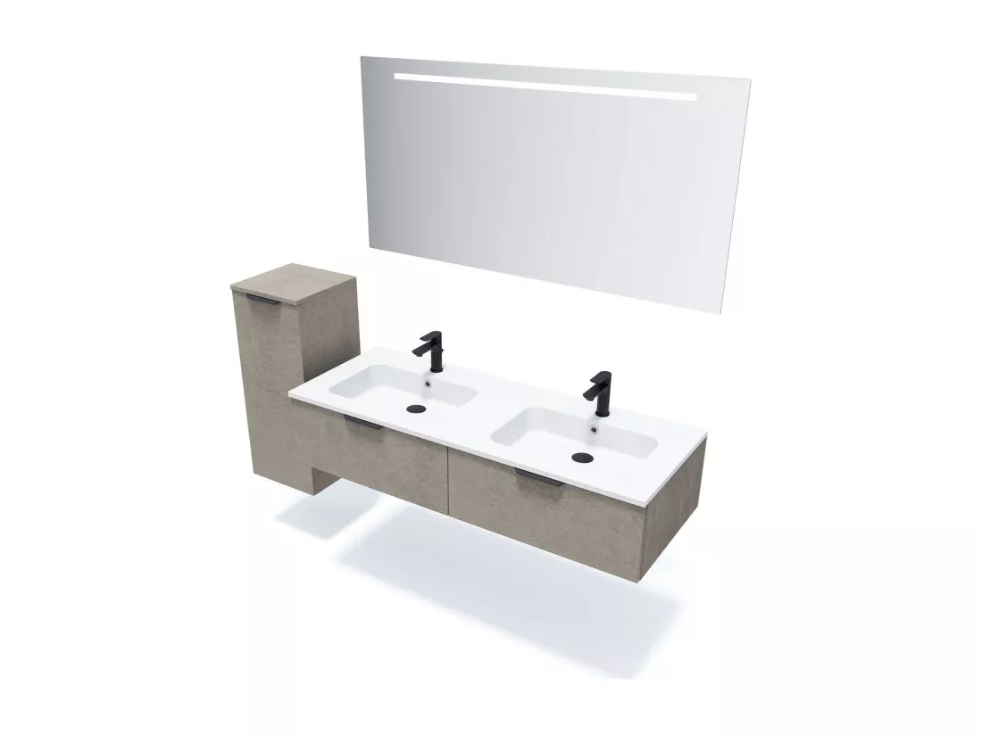 Meuble de salle de bain suspendu double vasque intégrée 140cm 2 tiroirs façon Béton - Soho