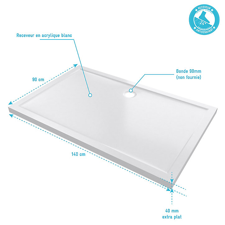 Receveur de douche extra-plat 90 x 140 cm, blanc, Galedo Pure 2