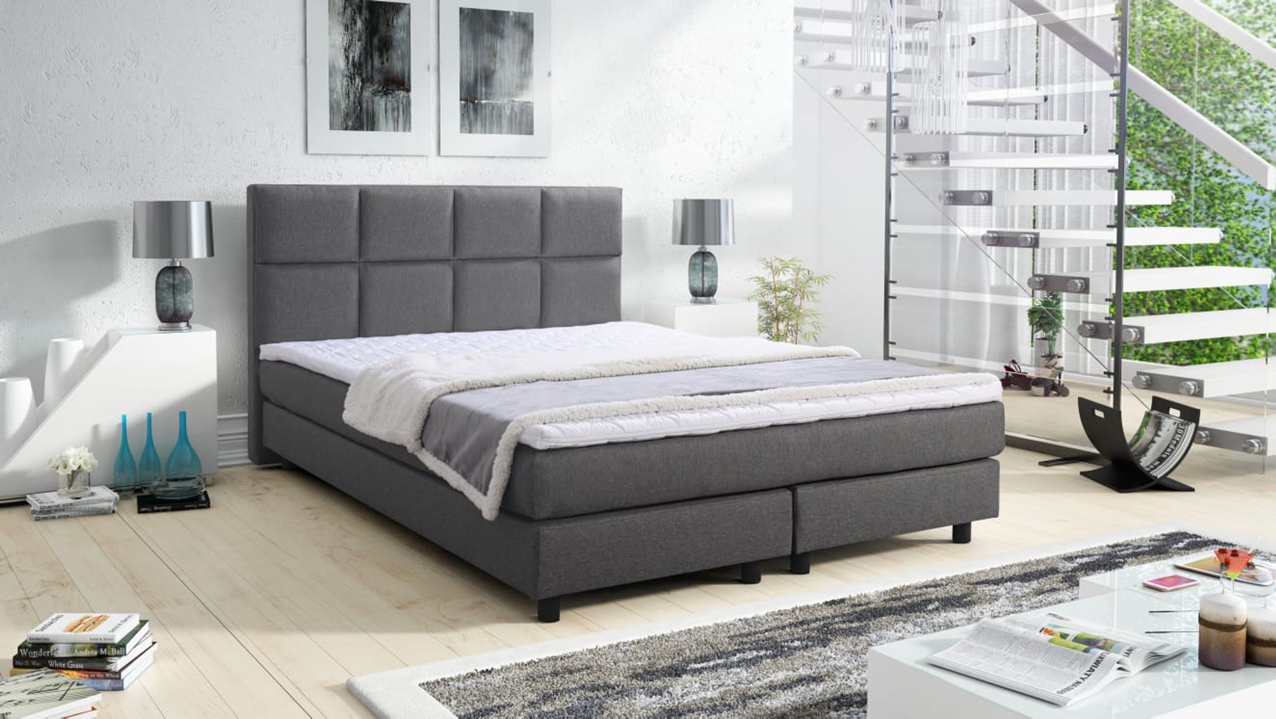 Boxspringbett Boxbett Glenn 2 Tablet Hotelbett 140x200 Bett Topper Grau