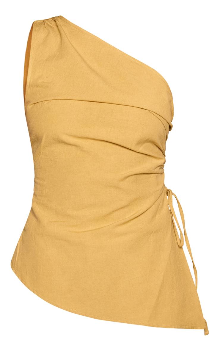 Vert Olive Haut Asymétrique Froncé En Mélange Coton Lin
