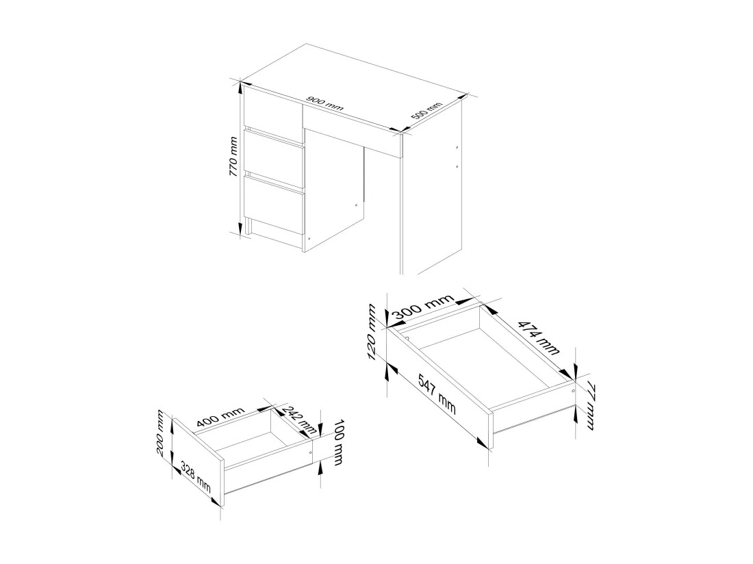 Bureau d'ordinateur AKORD gauche A7 Chêne Sonoma 90 cm 4 tiroirs façade Chêne Sonoma 90x50x77 cm