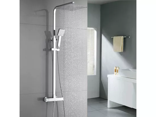 Colonne Douche Thermostatique Chromé,Système Douche Corps en Laiton Hauteur Réglable+60cm Porte-Serviettes Salle Bain Auto-adhésif/ Perçage en Inox