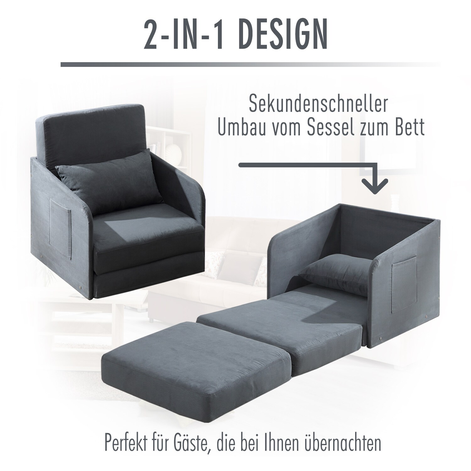 HOMCOM Klappbarer Schlafsessel mit 2 Seitentaschen grau 70 x 74 x 78 cm (BxTxH)