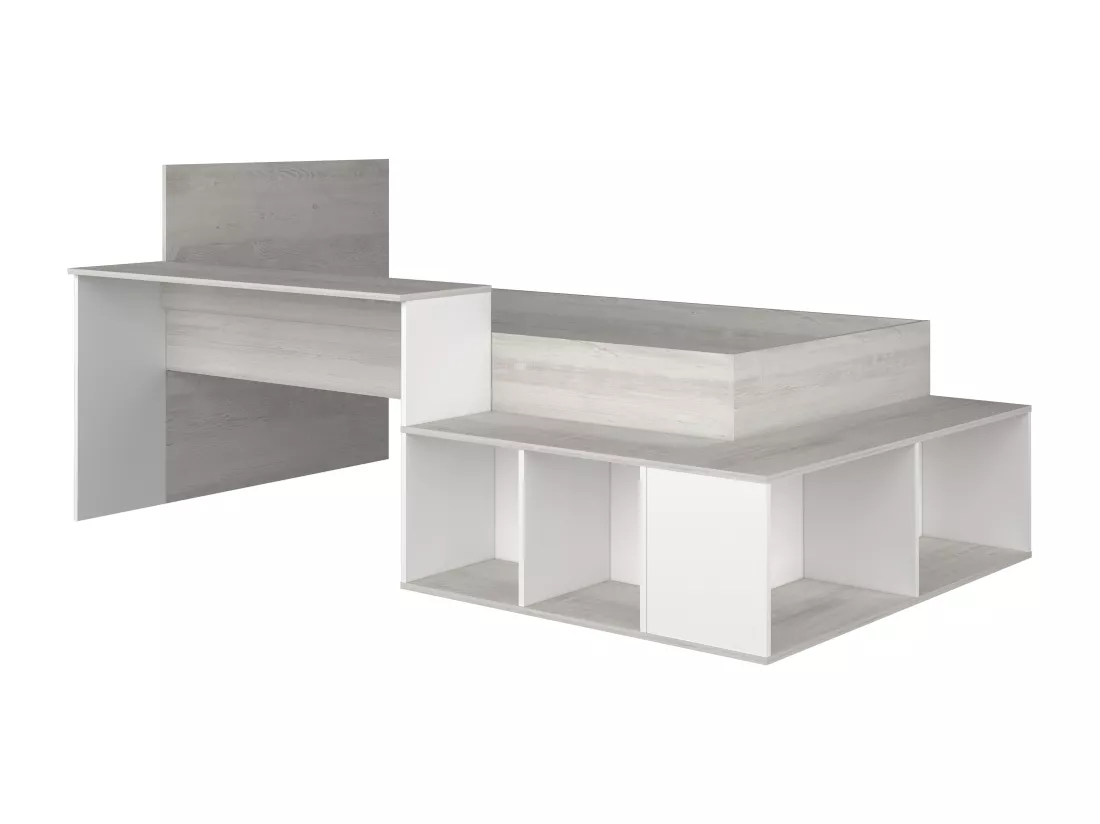 Lit combiné 90 x 200 cm avec rangements et bureau - Coloris : Naturel et Blanc - RIGALI