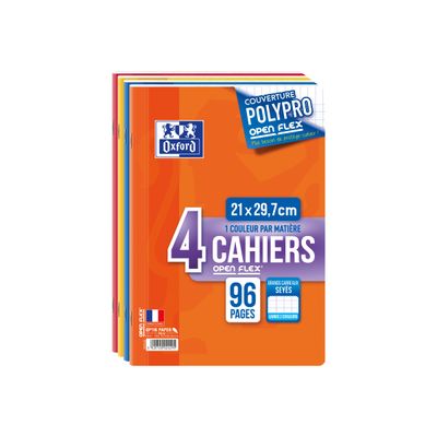 Oxford Openflex - 4 Cahiers polypro A4 (21x29,7 cm) - 96 pages - grands carreaux (Seyes) - couleurs assorties