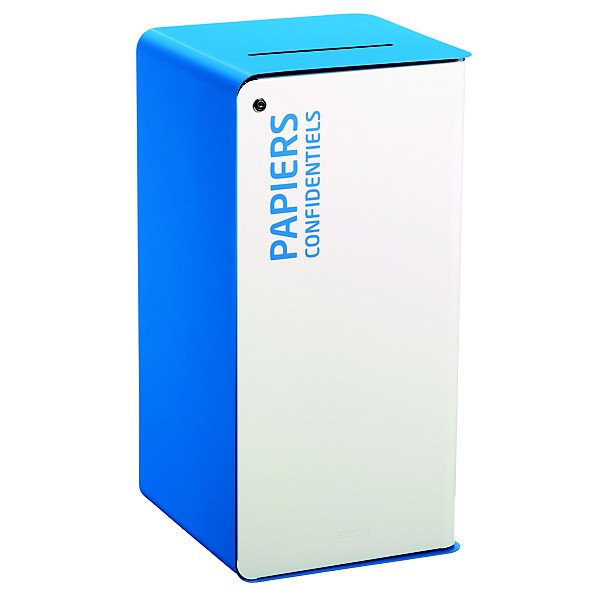 Borne de tri sélectif 75 L avec serrure - support sac - cubatri - blanc / bleu ciel 5015 - papiers confidentiels - fente securisee avec deflecteur + serrure cle plate