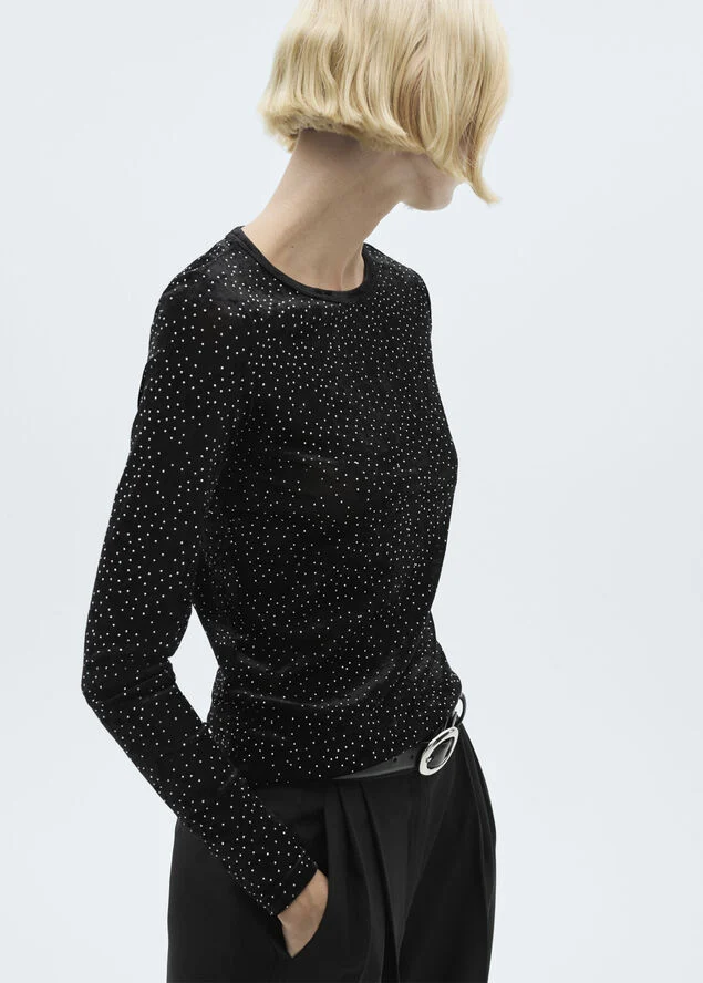 MANGO Long-sleeved t-shirt with rhineston Black