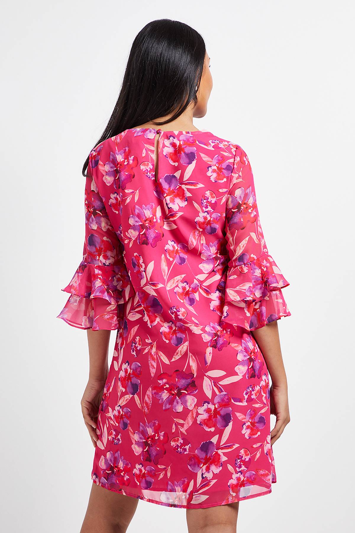 Wallis Robe Droite à Manches Volantées Motif Floral Aquarelle Rose Petite Taille