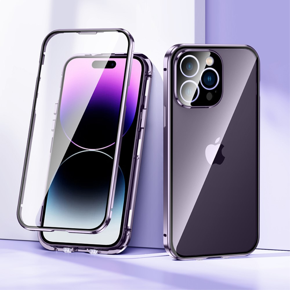iPhone 14 Pro Magnetische Alu Schutzhülle mit Panzer Glas Backcover   Display- / Kameraglasschutz (Magnet-Technologie) - Dunkellila (Deep Purple)