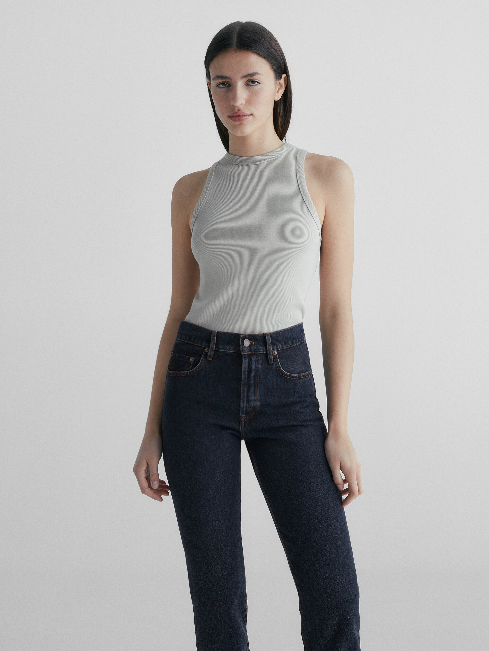 Calça jeans reta de cintura alta - AZUL ESCURO