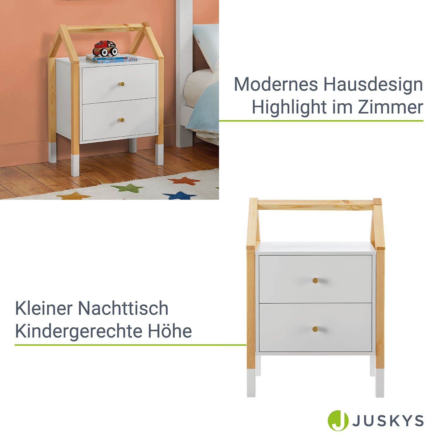 Juskys Kinder Nachttisch Enny mit 2 Schubladen - Nachtschrank klein & modern - Kommode Holz - Weiß