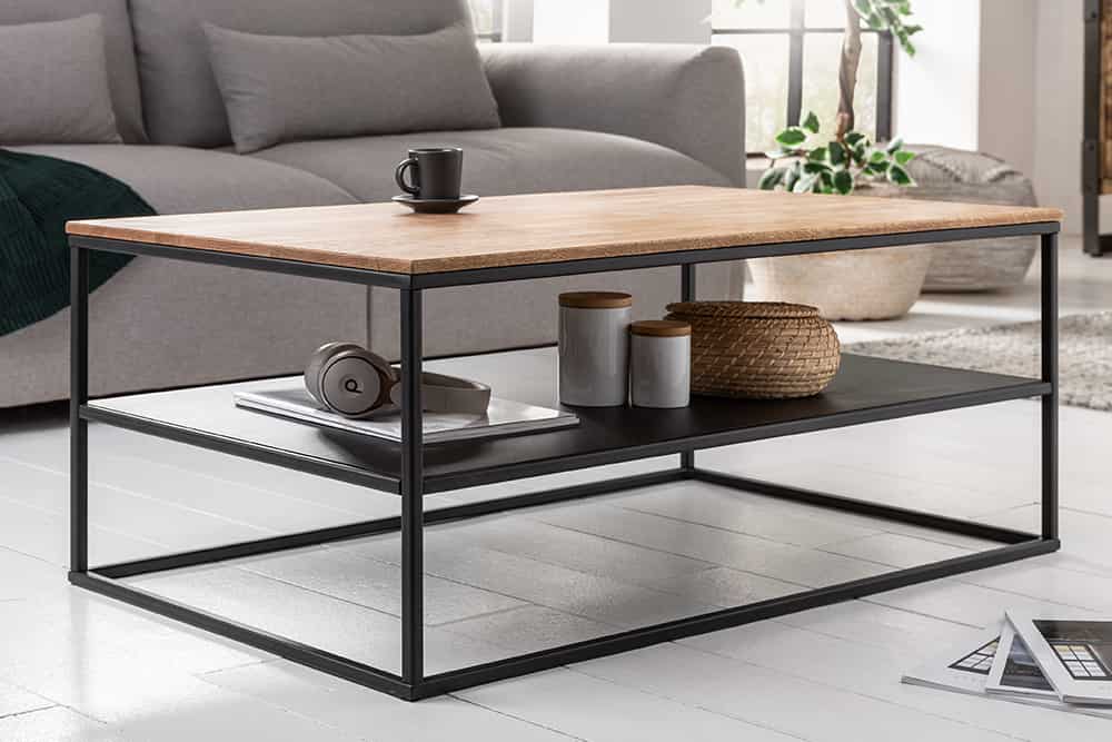 Industrial Couchtisch APARTMENT 95cm Massivholz Eiche geölt mit Ablage Metallgestell schwarz