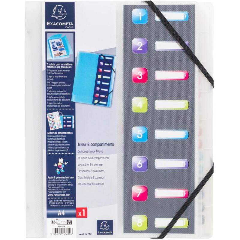 Trieur polypropylène 3 rabats Crystal colours 8 compartiments - Couleurs assorties