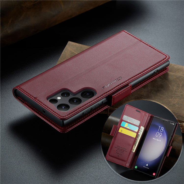 Samsung Galaxy S24 Ultra Leder Tasche Flip Wallet Etui mit Kartenfächern Litchi Look (RFID Schutz) - Rot