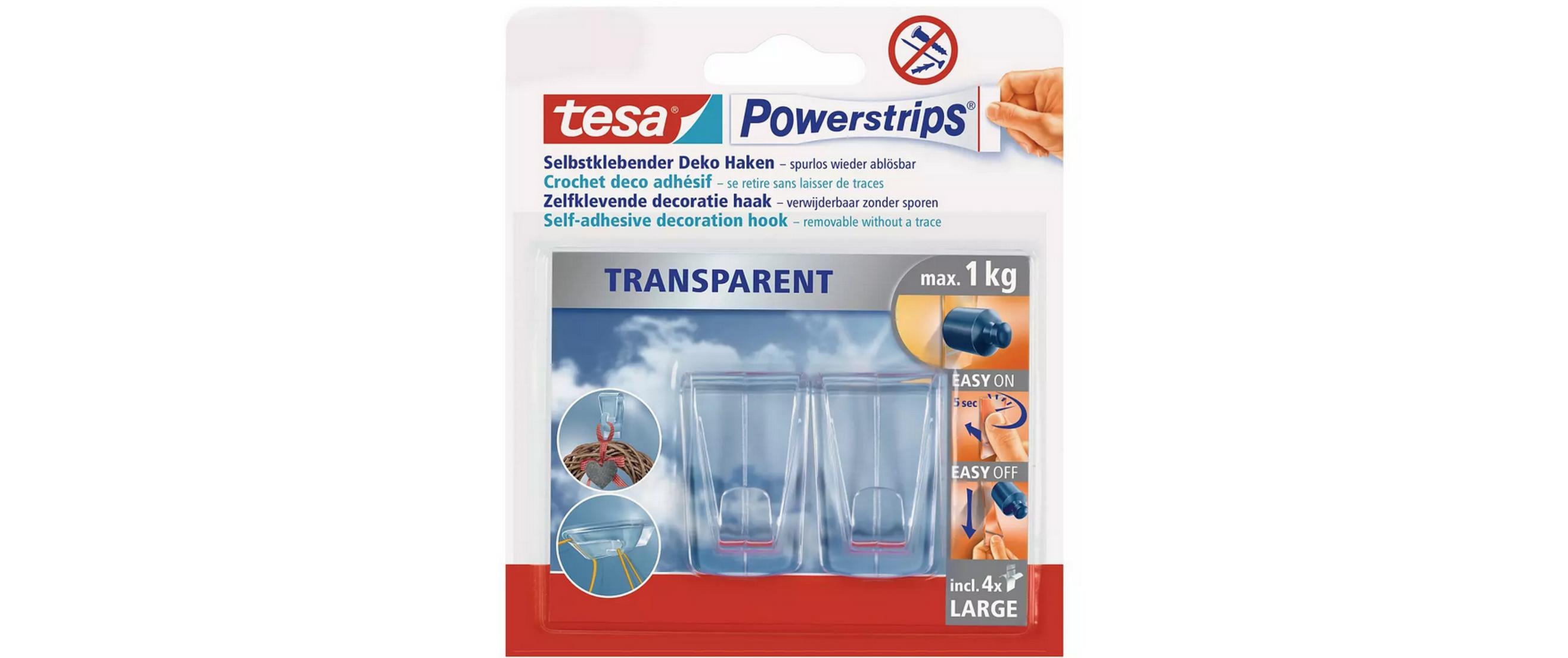 Hakenset Powerstrips DECO Large, 2er PackTransparente Klebehaken für Deko an Glas und Spiegel, mit bis zu 1 kg Haltekraft, 2x 2 Haken