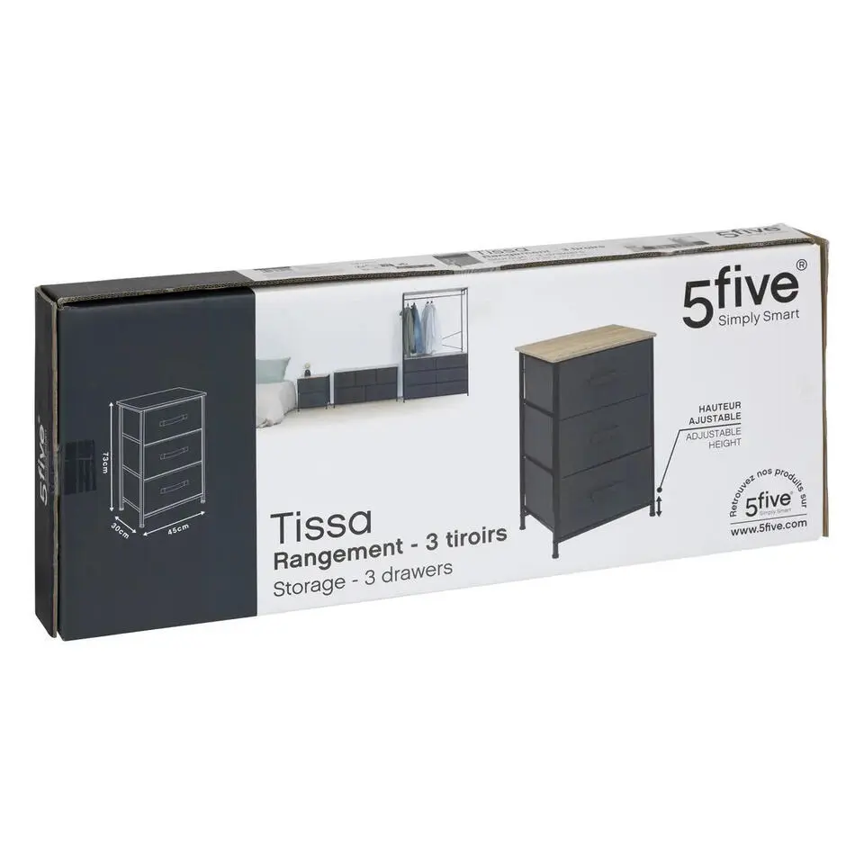 5Five Opbergkast - 3x mand - 43x30x73cm - hout/stof donkergrijs